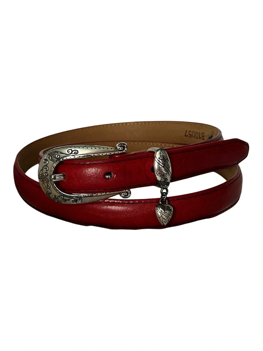 Brighton Red Leather Belt with Decorative Silver Buckle and heart charm. Size 32